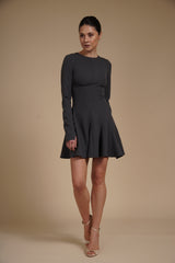 Rochie mini cambrata A-line Gri Antracit din crep elastic, cu mâneci lungi