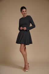 Rochie mini cambrata A-line Gri Antracit din crep elastic, cu mâneci lungi