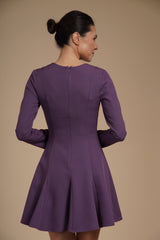 Rochie mini cambrata A-line Mov din crep elastic, cu mâneci lungi