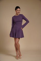 Rochie mini cambrata A-line Mov din crep elastic, cu mâneci lungi