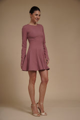 Rochie mini cambrata A-line Roz Pudrat din crep elastic, cu mâneci lungi