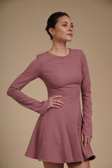 Rochie mini cambrata A-line Roz Pudrat din crep elastic, cu mâneci lungi