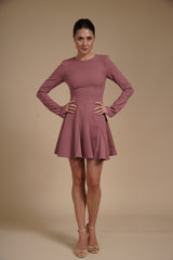 Rochie mini cambrata A-line Roz Pudrat din crep elastic, cu mâneci lungi