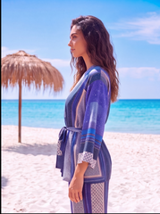 Set din satin pantaloni si kimono print alb albastru