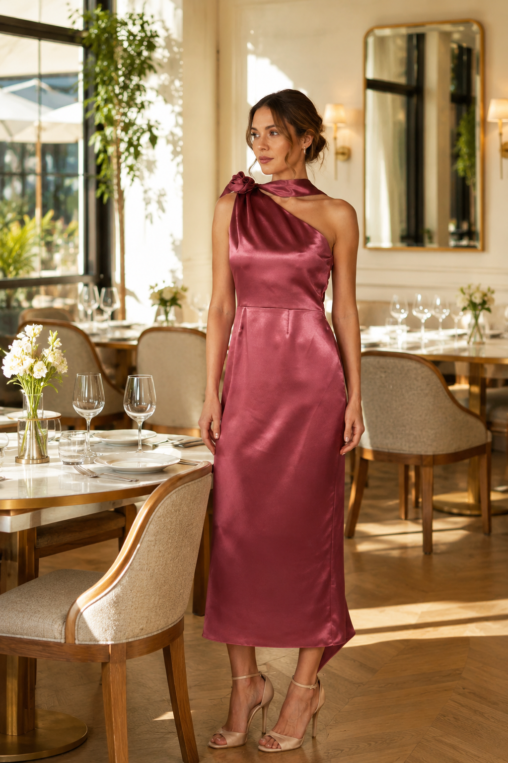 Rochie Roz Trandafiriu midi eleganta din satin pe umar, cu detaliu floral si croiala midi