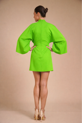 Rochie mini Verde Deschis din crep elastic, tip kimono, cu guler inalt si maneci evazate