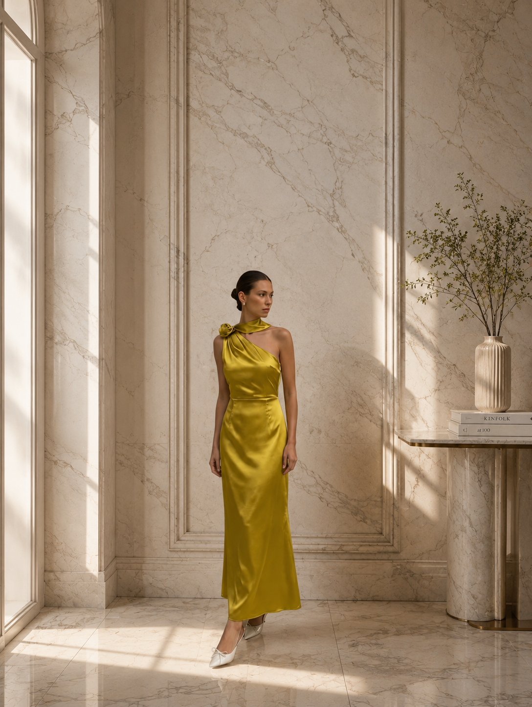 Rochie Fistic midi eleganta din satin pe umar, cu detaliu floral si croiala midi