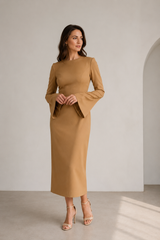 Rochie eleganta midi conica din crep elastic Nude, cu maneci clopot si decolteu rotund