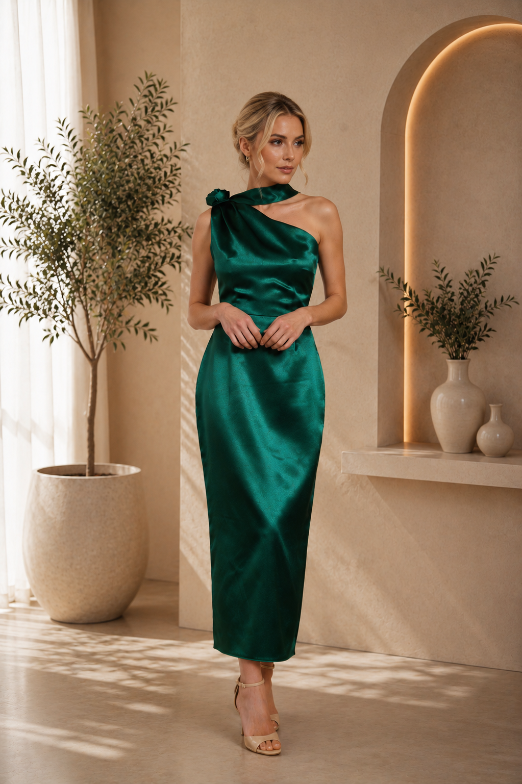 Rochie Verde Smarald midi eleganta din satin pe umar, cu detaliu floral si croiala midi