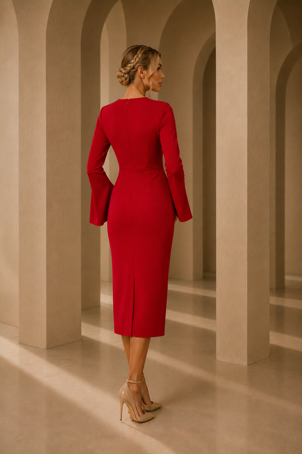 Rochie Rosie eleganta midi conica din crep elastic, cu maneci clopot si decolteu rotund