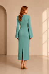 Rochie eleganta midi conica din crep elastic Verde Ou de Rata, cu maneci clopot si decolteu rotund