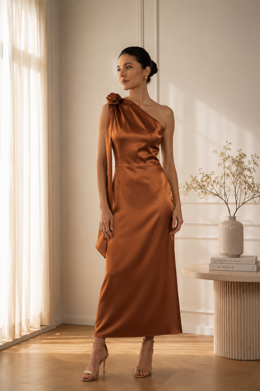 Rochie Bronz midi eleganta din satin pe umar, cu detaliu floral si croiala midi