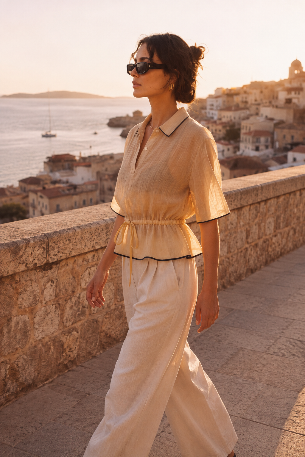 Top elegant cu guler polo caramel