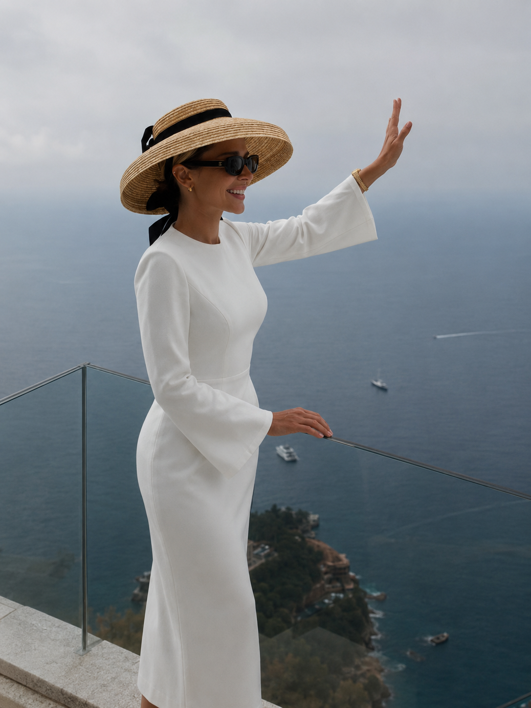 Rochie eleganta midi conica din crep elastic Alb, cu maneci clopot si decolteu rotund