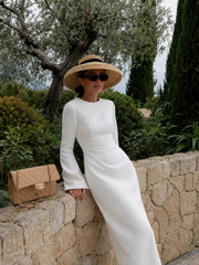 Rochie eleganta midi conica din crep elastic Alb, cu maneci clopot si decolteu rotund