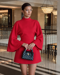 Rochie mini din crep elastic, tip kimono, cu guler inalt si maneci evazate