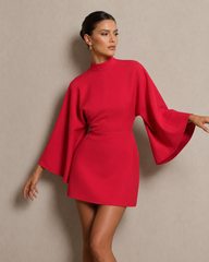 Rochie mini din crep elastic, tip kimono, cu guler inalt si maneci evazate