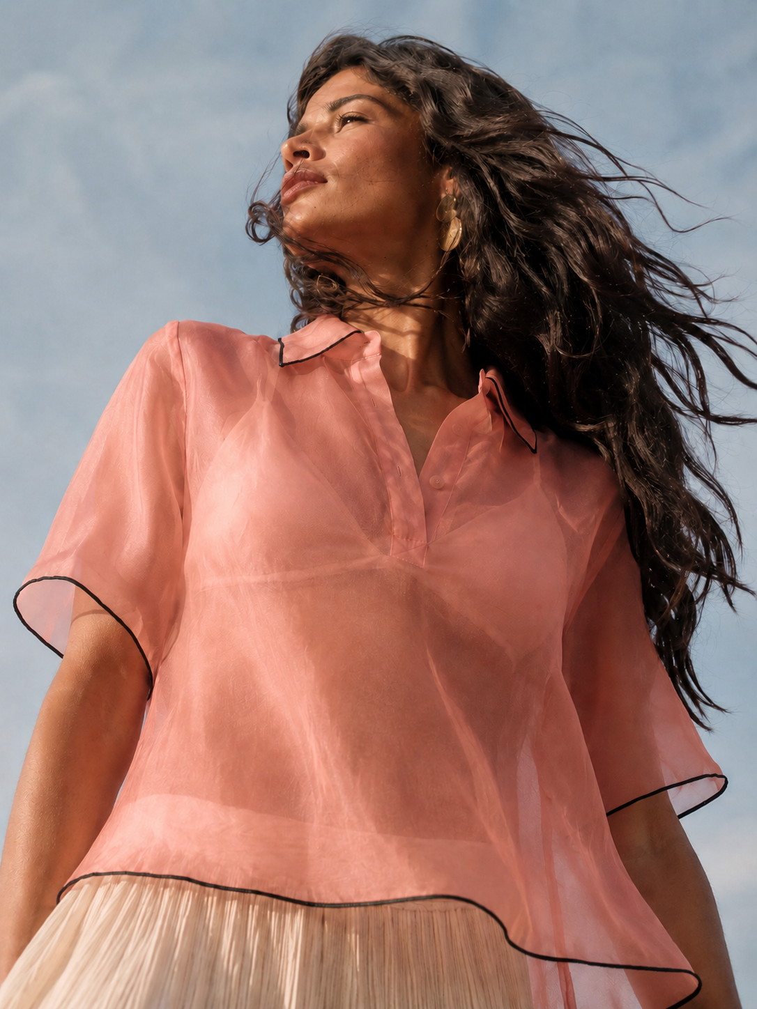 Top elegant din organza roz piersica