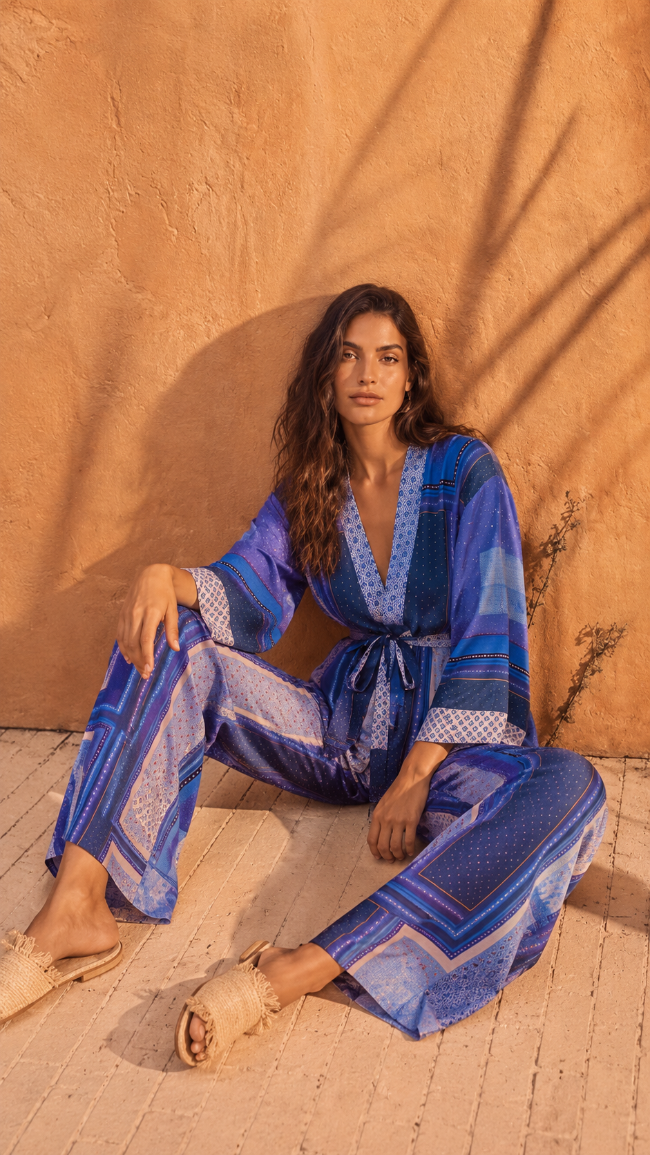 Set din satin pantaloni si kimono print alb albastru