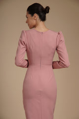 Rochie eleganta midi conica din crep elastic Roz Prafuit, cu maneci lungi si crapatura