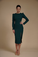 Rochie eleganta midi conica din crep elastic Verde Smarald, cu maneci lungi si crapatura