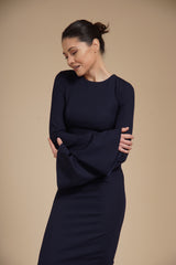 Rochie eleganta midi conica din crep elastic Bleumarin, cu maneci clopot si decolteu rotund