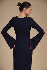 Rochie eleganta midi conica din crep elastic Bleumarin, cu maneci clopot si decolteu rotund