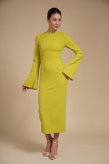 Rochie eleganta midi conica din crep elastic Lime, cu maneci clopot si decolteu rotund