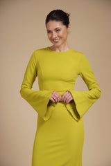 Rochie eleganta midi conica din crep elastic Lime, cu maneci clopot si decolteu rotund