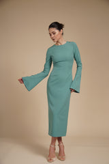 Rochie eleganta midi conica din crep elastic Verde Ou de Rata, cu maneci clopot si decolteu rotund