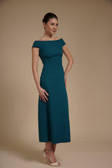 Rochie elegantă midi A-line din crep elastic Verde Marin cu decolteu bardot