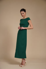 Rochie elegantă midi A-line din crep elastic Verde Smarald cu decolteu bardot
