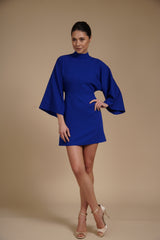 Rochie mini Albastru Regal din crep elastic, tip kimono, cu guler inalt si maneci evazate