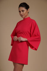 Rochie mini Fucsia din crep elastic, tip kimono, cu guler inalt si maneci evazate