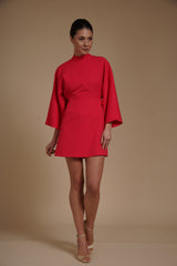 Rochie mini Fucsia din crep elastic, tip kimono, cu guler inalt si maneci evazate