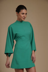 Rochie mini Verde Menta din crep elastic, tip kimono, cu guler inalt si maneci evazate