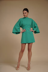 Rochie mini Verde Menta din crep elastic, tip kimono, cu guler inalt si maneci evazate