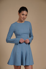 Rochie mini cambrata A-line Bleu din crep elastic, cu mâneci lungi