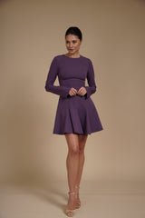 Rochie mini cambrata A-line Mov din crep elastic, cu mâneci lungi