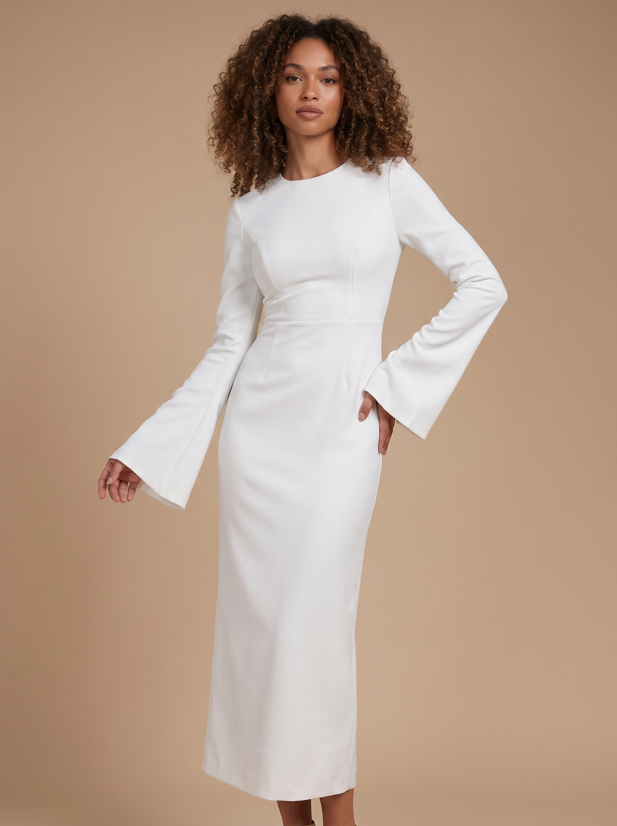 Rochie eleganta midi conica din crep elastic Alb, cu maneci clopot si decolteu rotund