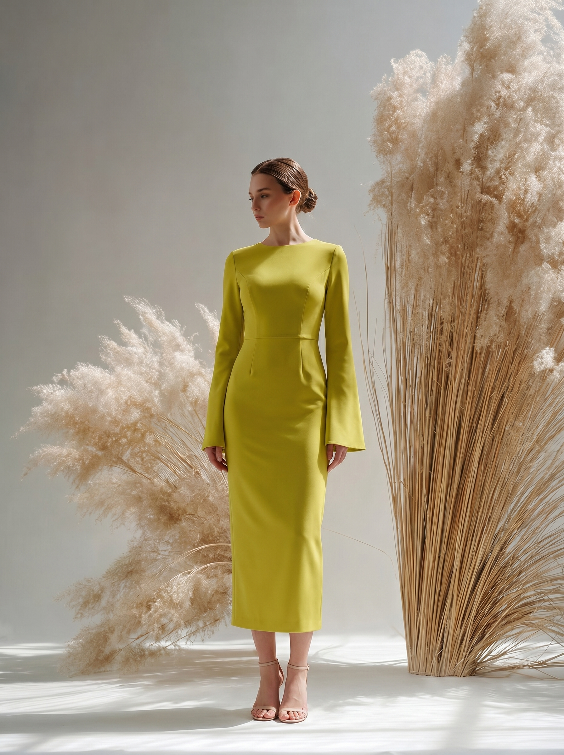 Rochie eleganta midi conica din crep elastic Lime, cu maneci clopot si decolteu rotund