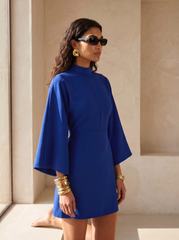 Rochie mini Albastru Regal din crep elastic, tip kimono, cu guler inalt si maneci evazate