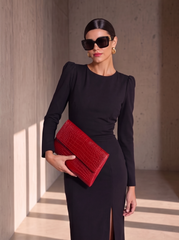 Rochie Neagra eleganta midi conica din crep elastic, cu maneci lungi si crapatura