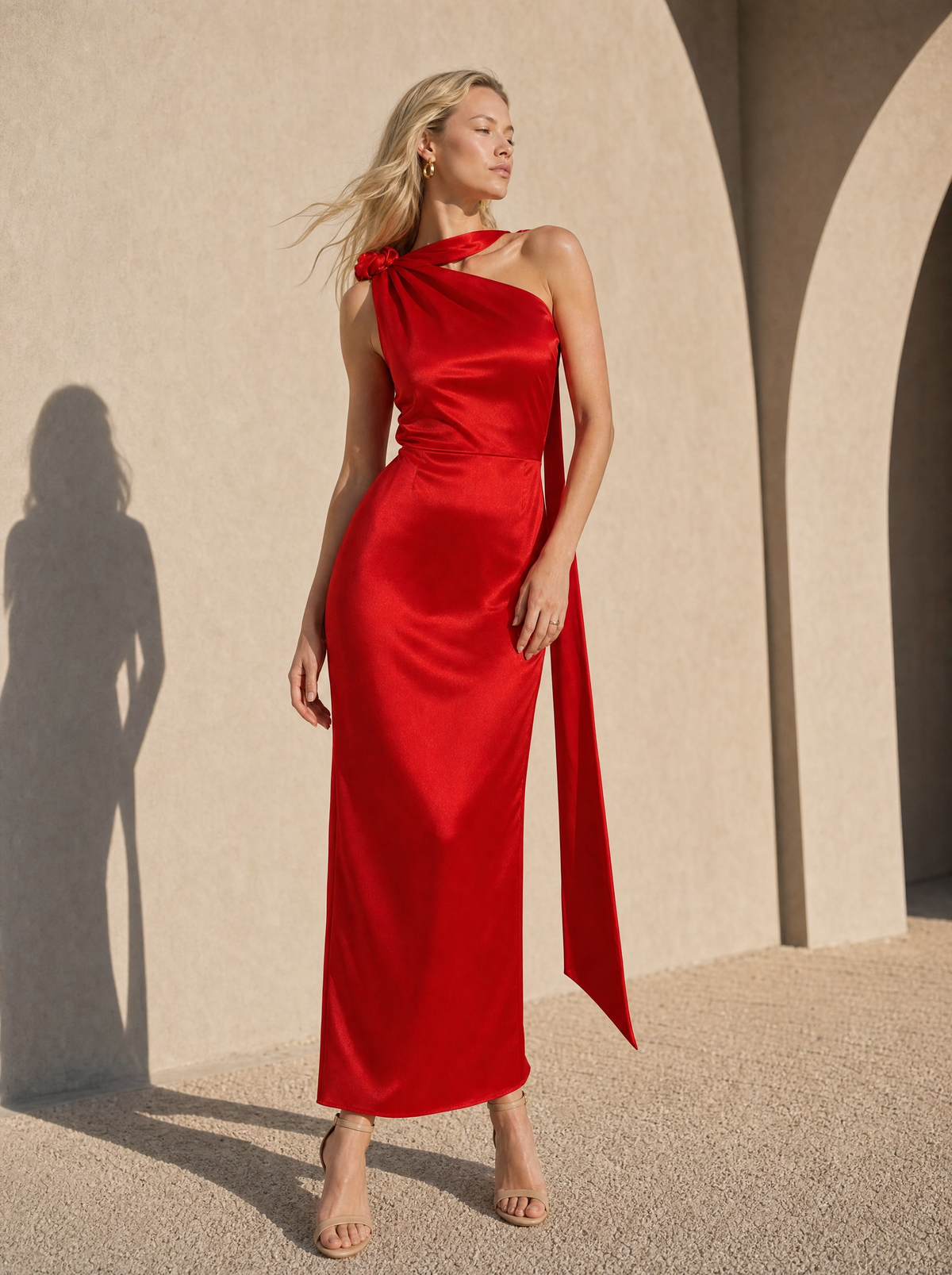 Rochie Rosie midi eleganta din satin pe umar, cu detaliu floral si croiala midi