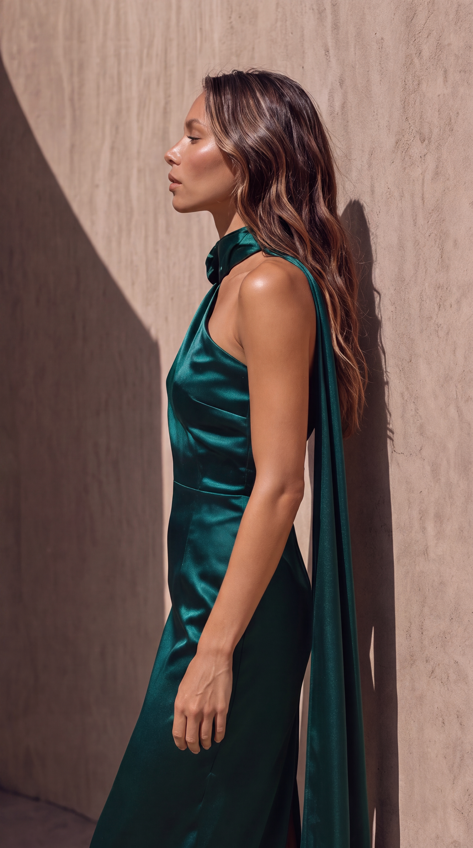 Rochie Verde Smarald midi eleganta din satin pe umar, cu detaliu floral si croiala midi