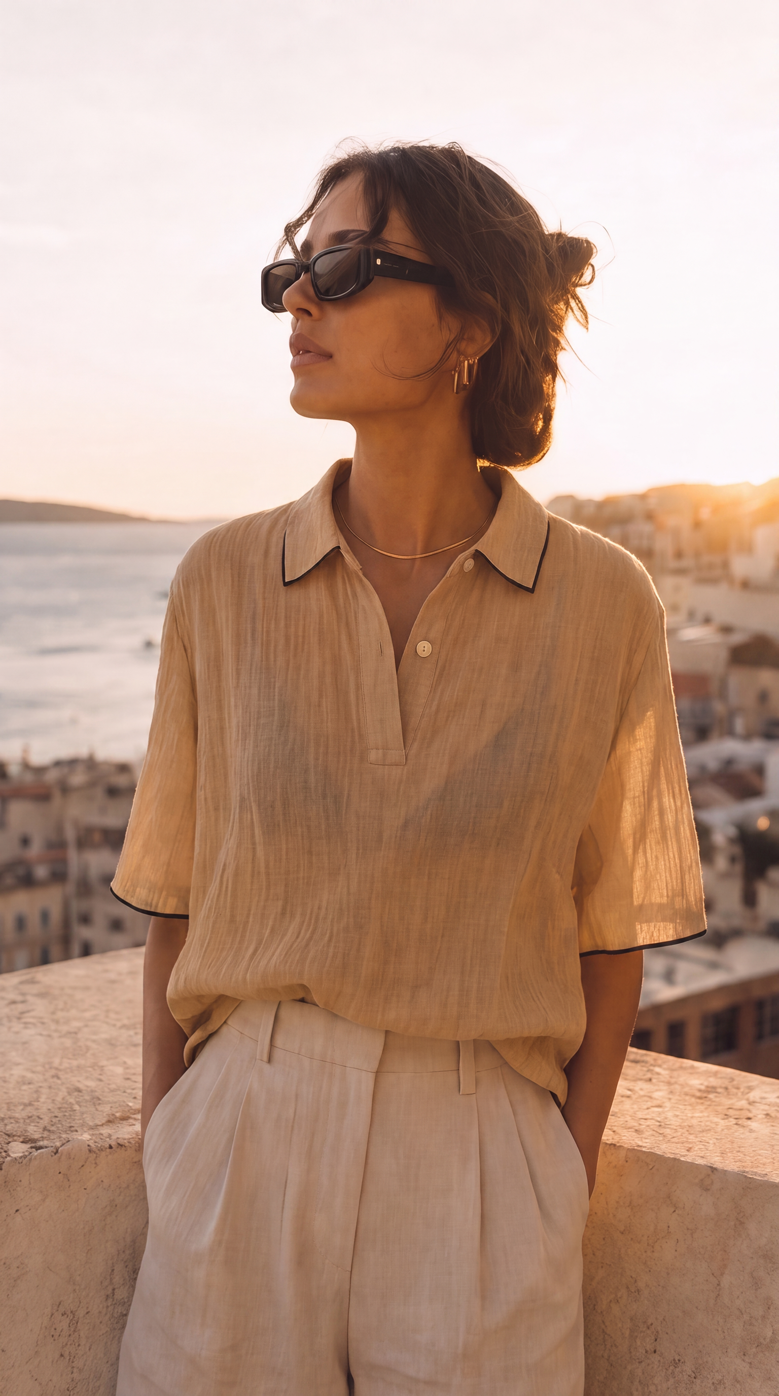 Top elegant cu guler polo caramel