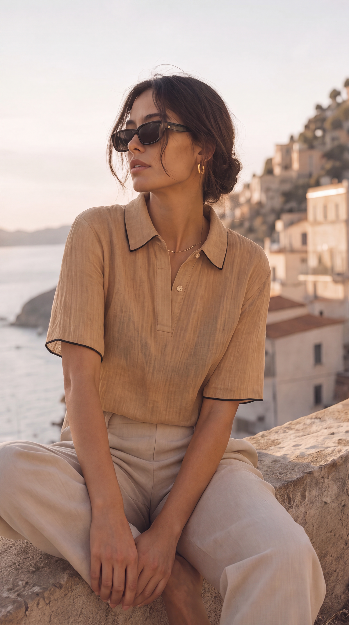 Top elegant cu guler polo caramel