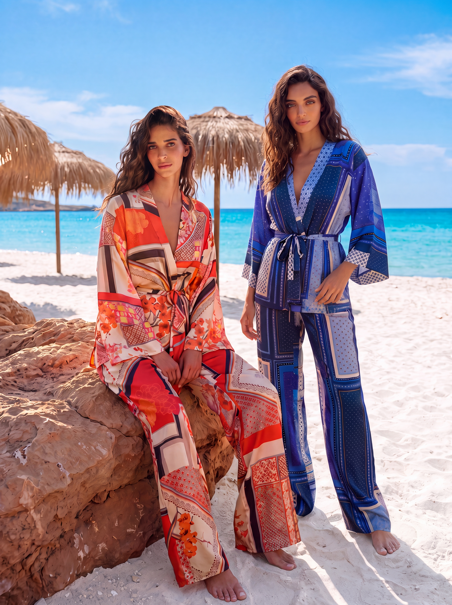 Set din satin pantaloni si kimono print alb albastru