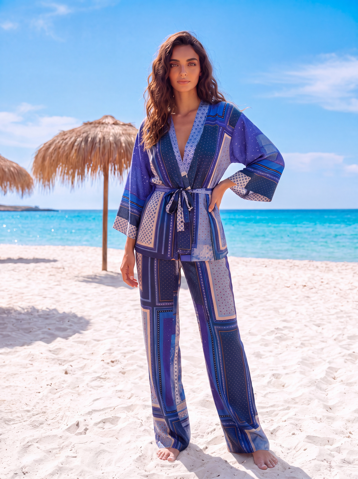 Set din satin pantaloni si kimono print alb albastru