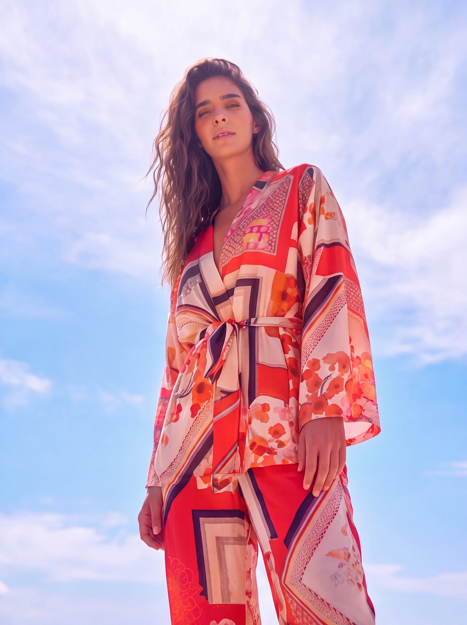 Set din satin pantaloni si kimono multicolor